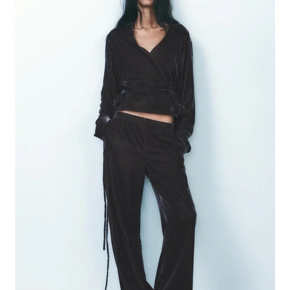 Zara Velvet Wrap Top‎ and Wide Leg Pants Set Dark Brown Womens Size Medium